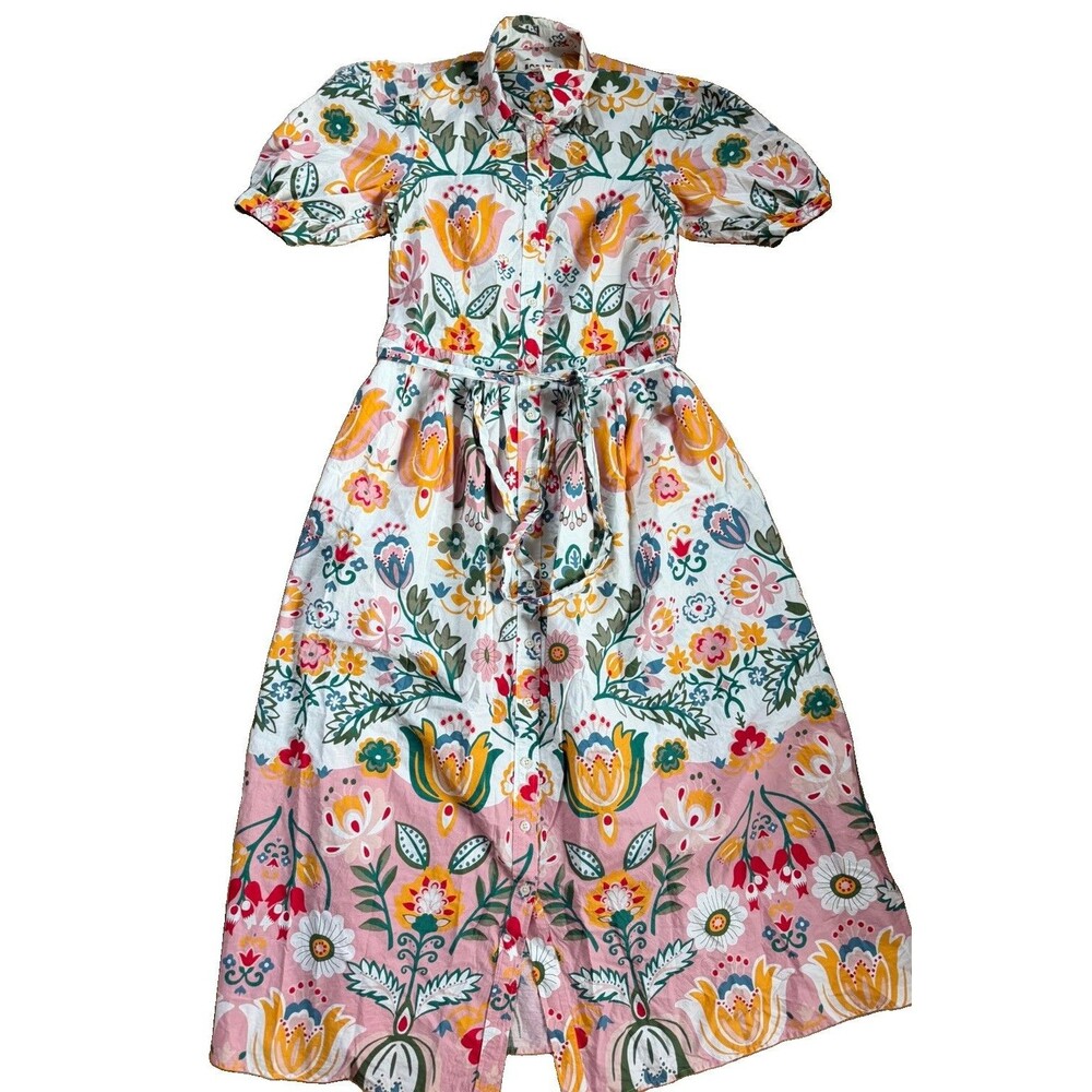 Boden Alexa Floral Multicolor Cotton Shirt Midi Dress Tie Waist Puff Sleeve Sz 8 - Picture 4 of 13